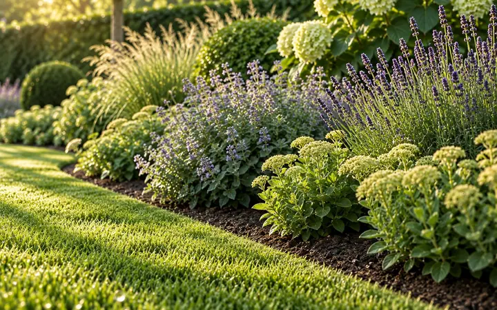KI-Visualisierung: Unkrautfreies Staudenbeet mit Lavendel, Hortensien und sauber gestochener Rasenkante