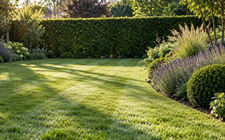 KI-Visualisierung: Gepflegter Garten mit gestreiftem Rasen, geschnittener Hecke und Staudenbeet im Morgenlicht