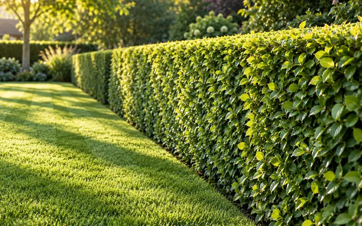 KI-Visualisierung: Frisch geschnittene Hecke mit geraden Kanten neben gemähtem Rasen