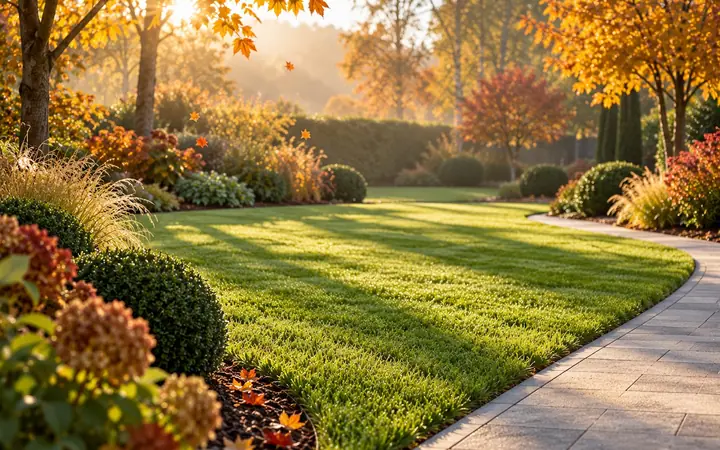 KI-Visualisierung: Laubfreier Rasen und Weg in einem herbstlichen Garten